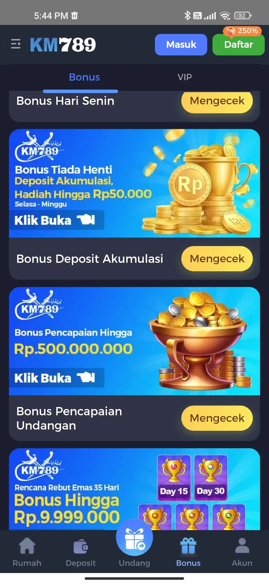 KM789 Promosi - Bonus harian dan pencapaian